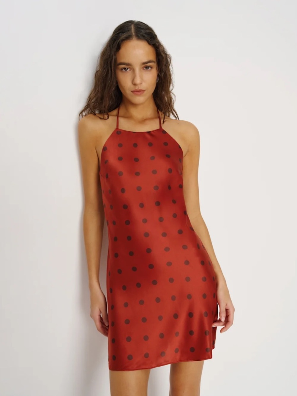 Polka dot silk halter‎ mini dress Reformation Jennis hot to dot summer going out - Picture 2 of 6